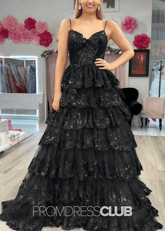 Madeline |Black Long Prom Dresses Near Me With A Line Spaghetti Straps Tiered Lace - Price #price_variant_lowest# - Black - PromDressClub